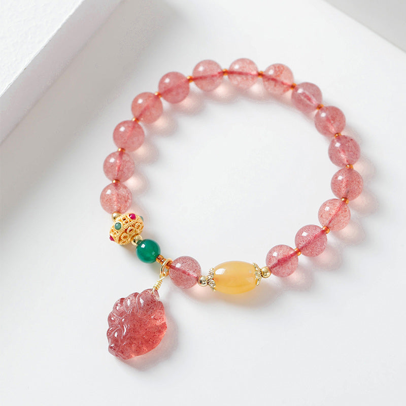 Buddha Stones Natural Strawberry Quartz Nine Tailed Fox Healing Bracelet - Strawberry Quartz(Wrist Circumference 14-15cm) - image 0