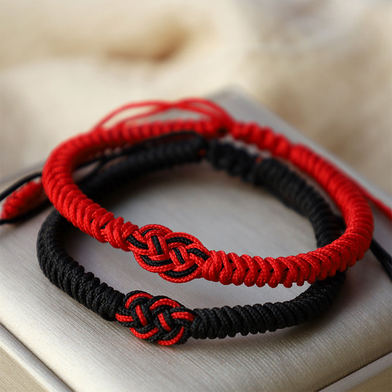 Buddha Stones 2Pcs Tibetan Luck Chinese Knot Protection String Bracelet - Red&Black(Bracelet Size 16-27cm) - image 0