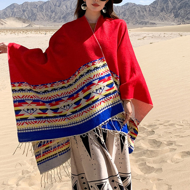 Buddha Stones Tibetan Shawl Colorful Geometry Winter Cozy Travel Scarf Wrap - Red 150*130cm - image 13