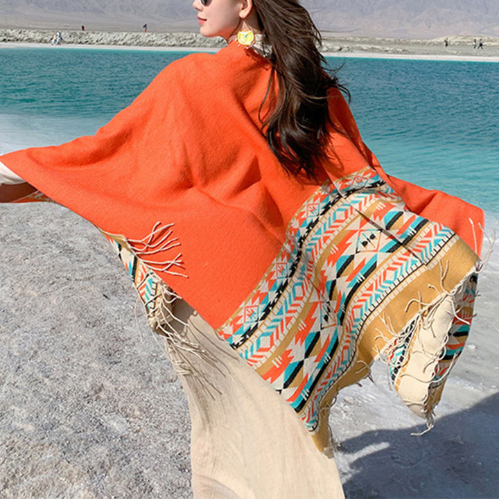 Buddha Stones Tibetan Shawl Colorful Geometry Winter Cozy Travel Scarf Wrap - Orange 150*130cm - image 36