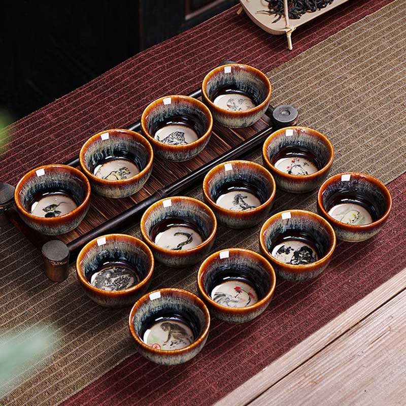 Buddha Stones 12 Chinese Zodiac Pattern Ceramic Teacup Kung Fu Jian Chinese Zhan Tea Cup 73ml - image 23