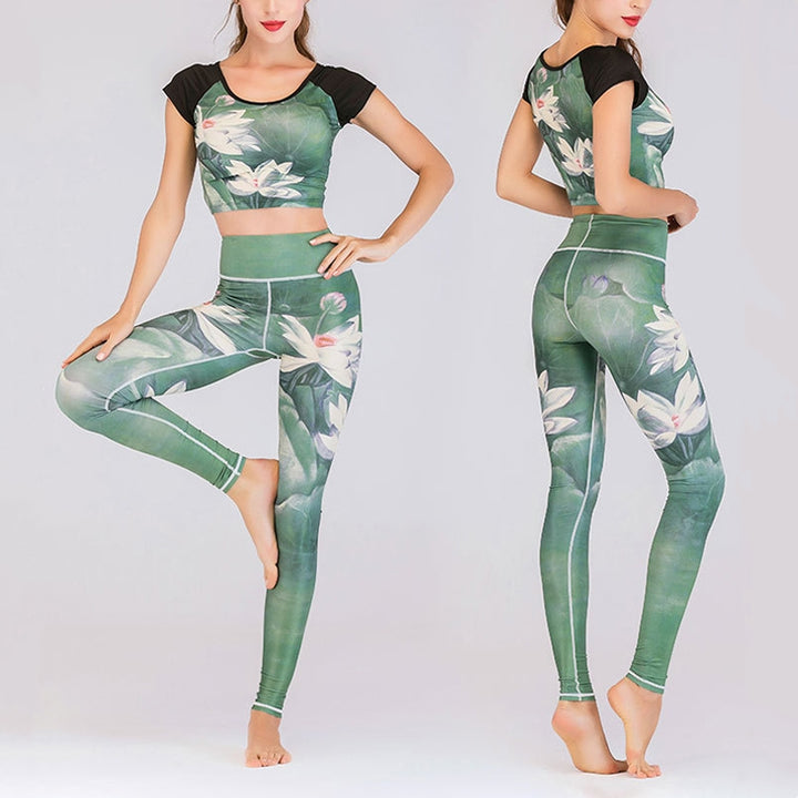 Buddha Stones 2Pcs Lotus Phoenix Spring Flowers Peacock Print Top Pants Sports Fitness Yoga Women's Yoga Sets - Lotus - US8-10，UK/AU12-14，EU40-42 (XL) - image 0