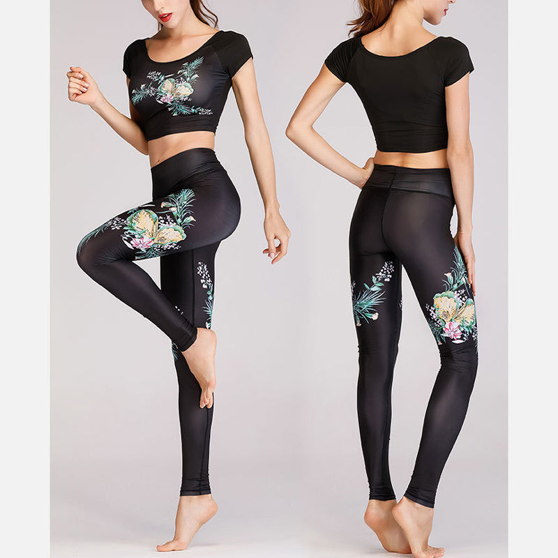 Buddha Stones 2Pcs Lotus Phoenix Spring Flowers Peacock Print Top Pants Sports Fitness Yoga Women's Yoga Sets - image 12