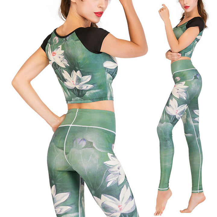 Buddha Stones 2Pcs Lotus Phoenix Spring Flowers Peacock Print Top Pants Sports Fitness Yoga Women's Yoga Sets - image 1