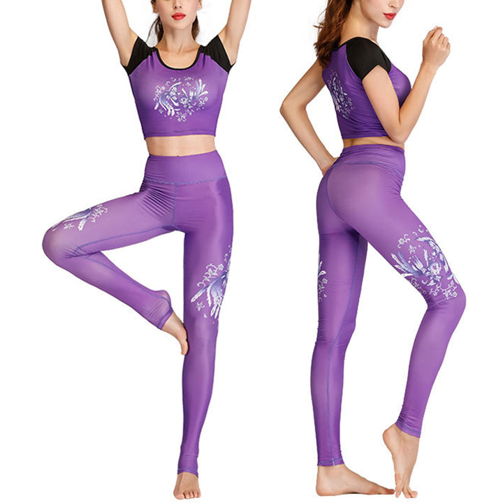 Buddha Stones 2Pcs Lotus Phoenix Spring Flowers Peacock Print Top Pants Sports Fitness Yoga Women's Yoga Sets - image 10