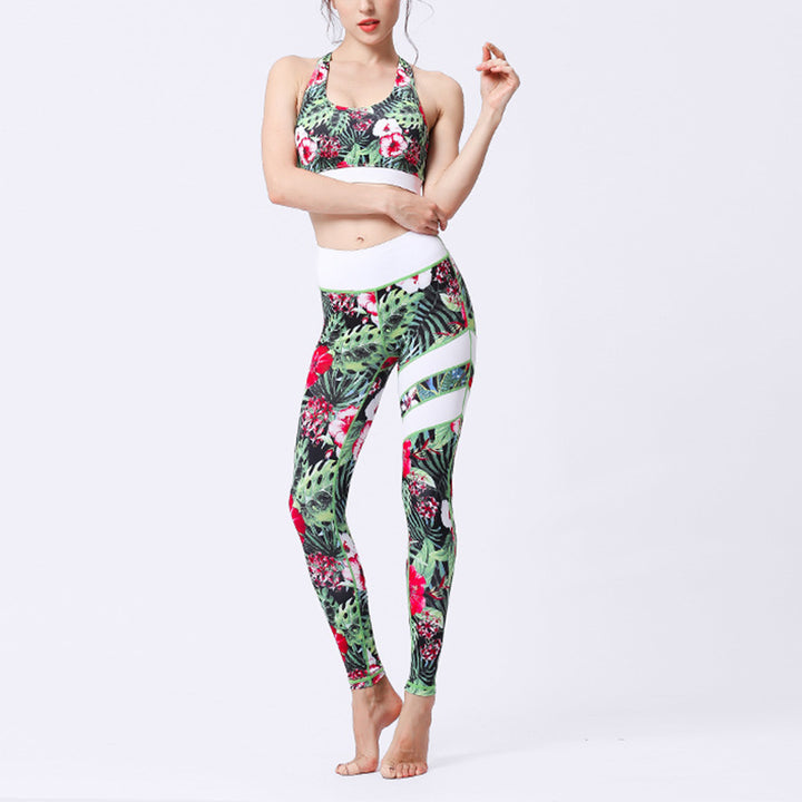 Buddha Stones 2Pcs Sunflower Flowers Leaves Print Top Pants Sports Fitness Yoga Women's Yoga Sets - Green Red Flowers - US8-10，UK/AU12-14，EU40-42 (XL)  - image 4