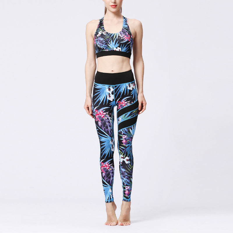 Buddha Stones 2Pcs Sunflower Flowers Leaves Print Top Pants Sports Fitness Yoga Women's Yoga Sets - Black Blue Leaves - US8-10，UK/AU12-14，EU40-42 (XL)  - image 32