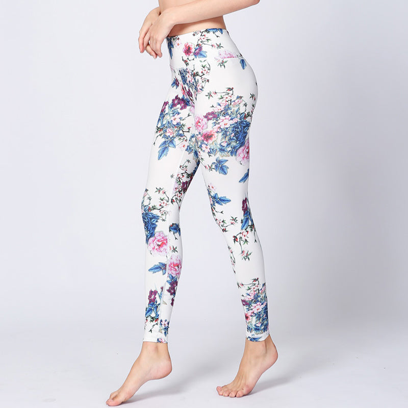 Buddha Stones Pink Flower White Colorful Ink White Print Leggings Sports Fitness Yoga Women's Pants - Pink Flower White - US8-10，UK/AU12-14，EU40-42 (XL) - image 0