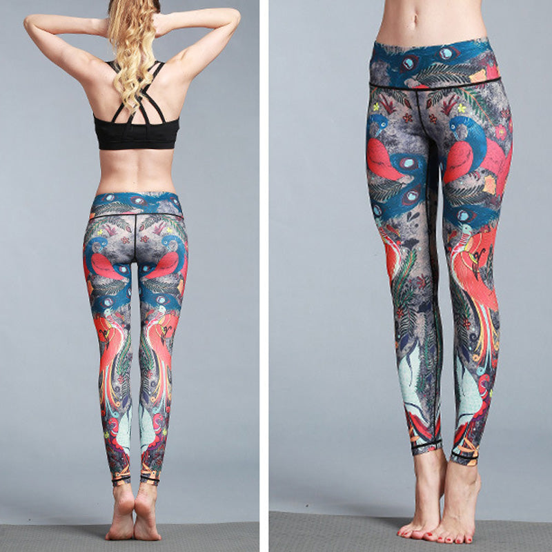 Buddha Stones Red Blue Peacock Feather Print Pants Sports Fitness Yoga Leggings Women's Yoga Pants - image 4