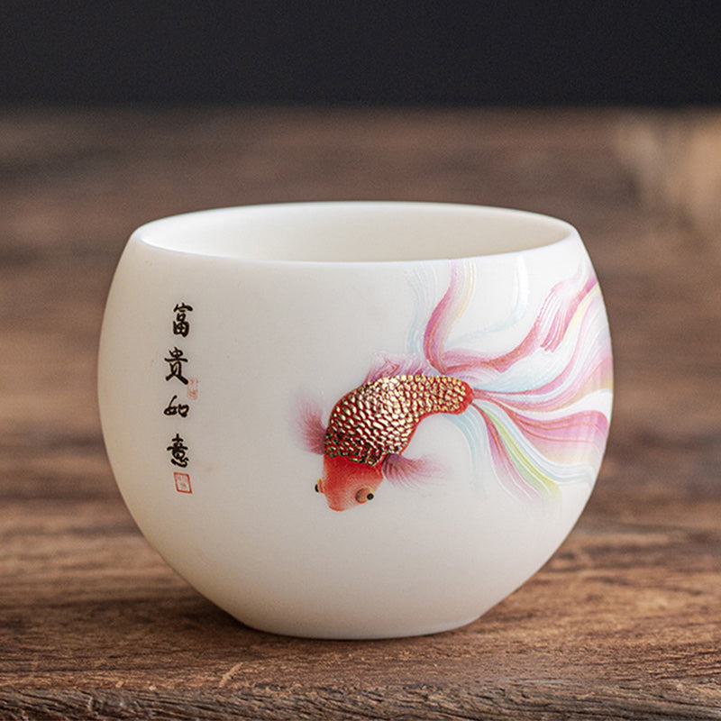 Buddha Stones Koi Fish White Porcelain Ceramic Teacup Kung Fu Tea Cup - Koi Fish - 7.6cm*5.7cm*150ml - image 0