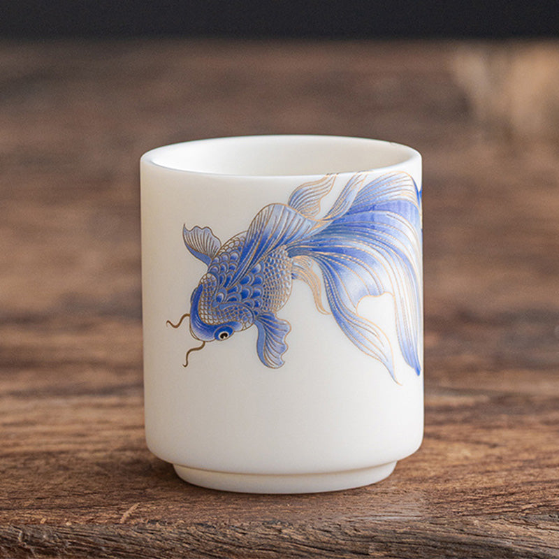 Buddha Stones Koi Fish White Porcelain Ceramic Teacup Kung Fu Tea Cup - Blue Koi Fish - 5.3cm*6cm*80ml - image 25