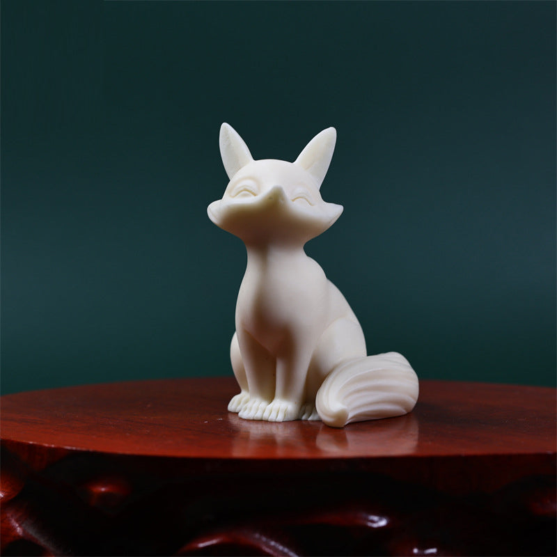 Buddha Stones Mini Nine Tailed Fox Ivory Fruit Protection Home Decoration - Ivory Fruit Sitting Fox 5.2*5*8.2cm - image 0