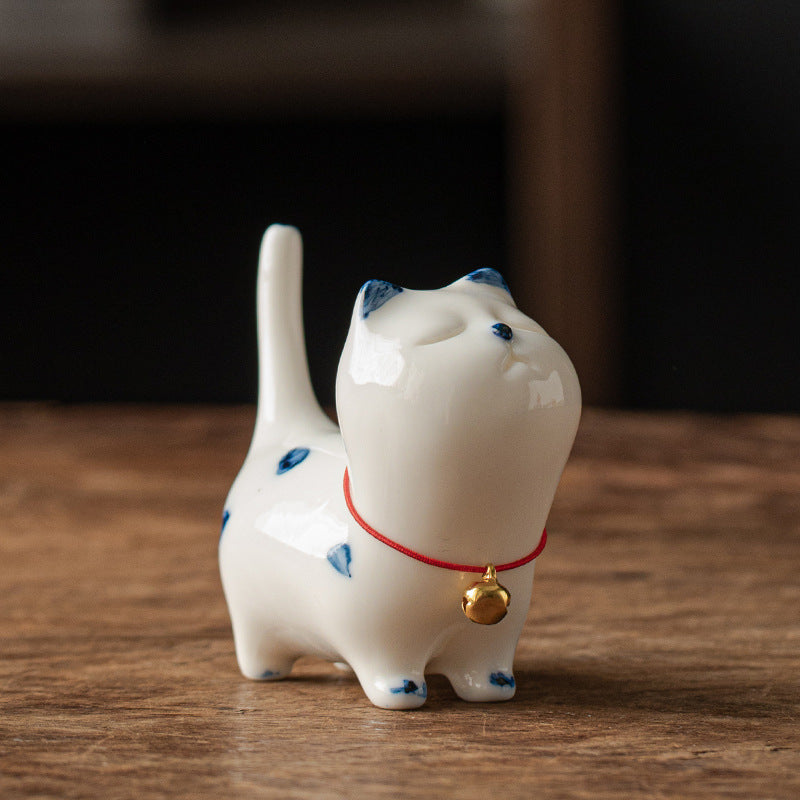 Buddha Stones Mini Lucky White Cat Kitten Tea Pet Ceramic Home Desk Figurine Decoration - White Kitten(Bell Style) 8.9cm*3.7cm*7.6cm - image 0