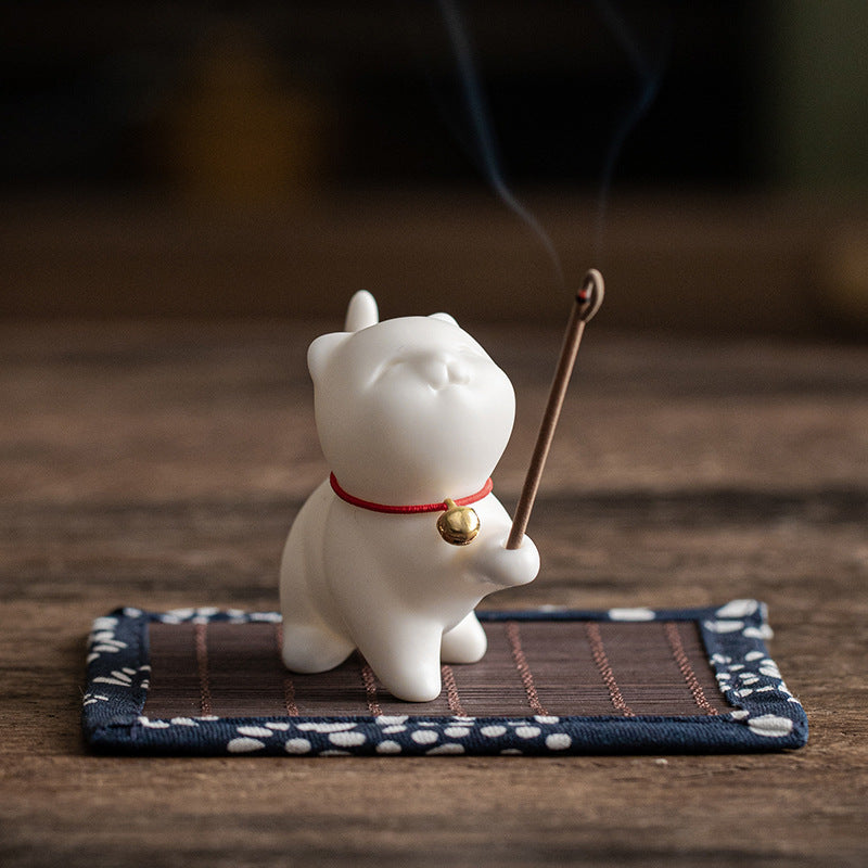 Buddha Stones Mini Lucky Cat Kitten Tea Pet Ceramic Home Desk Figurine Decoration With Bamboo Mat - image 2