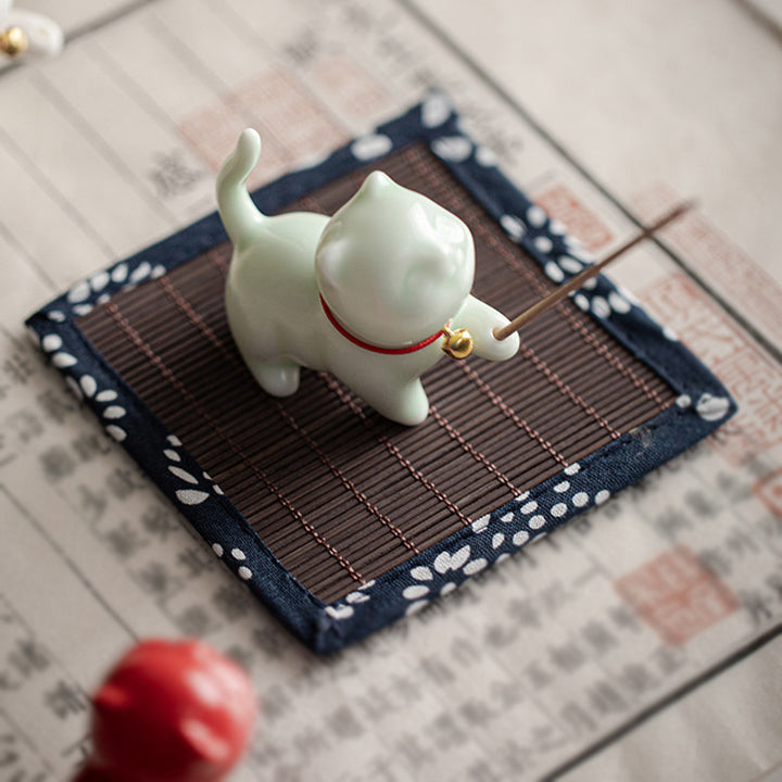 Buddha Stones Mini Lucky Cat Kitten Tea Pet Ceramic Home Desk Figurine Decoration With Bamboo Mat - image 14