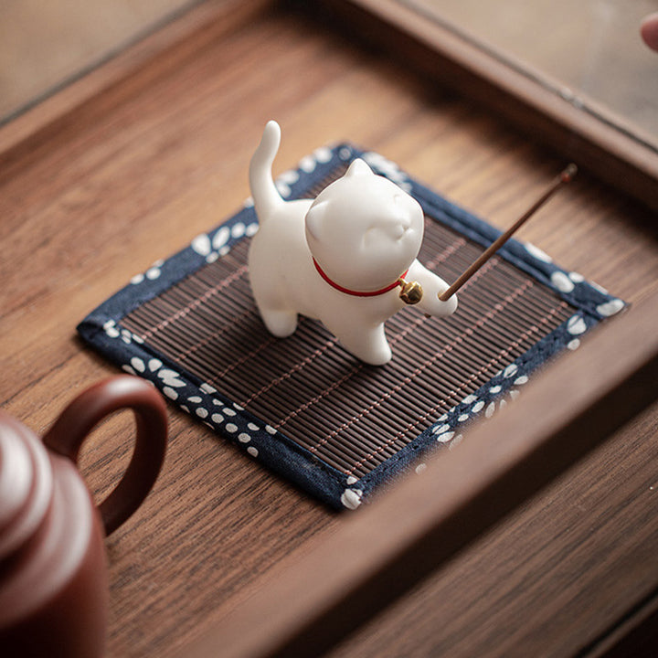 Buddha Stones Mini Lucky Cat Kitten Tea Pet Ceramic Home Desk Figurine Decoration With Bamboo Mat - image 4