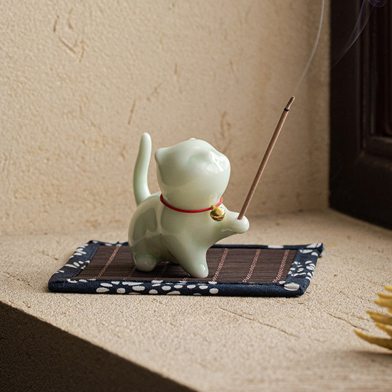 Buddha Stones Mini Lucky Cat Kitten Tea Pet Ceramic Home Desk Figurine Decoration With Bamboo Mat - image 12