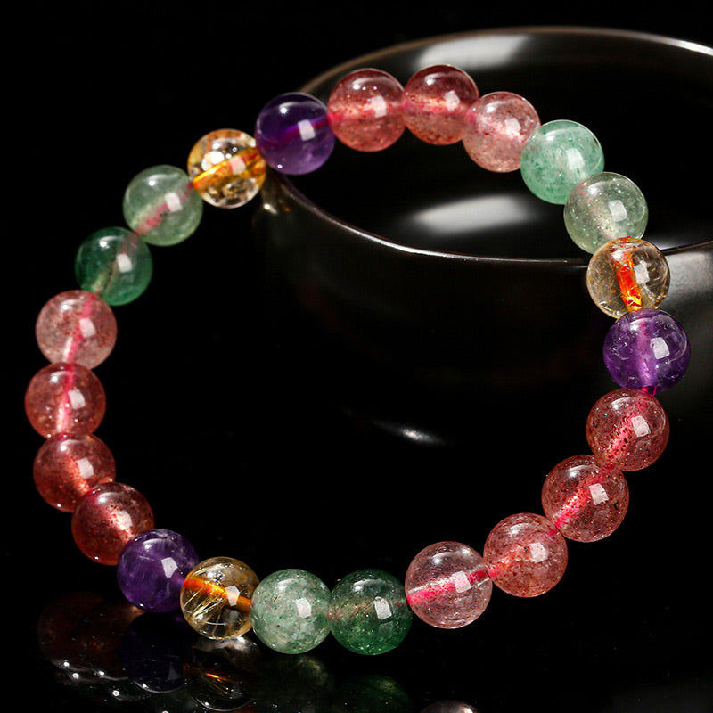 Buddha Stones Natural Multicolored Strawberry Quartz Love Healing Beaded Bracelet - image 1