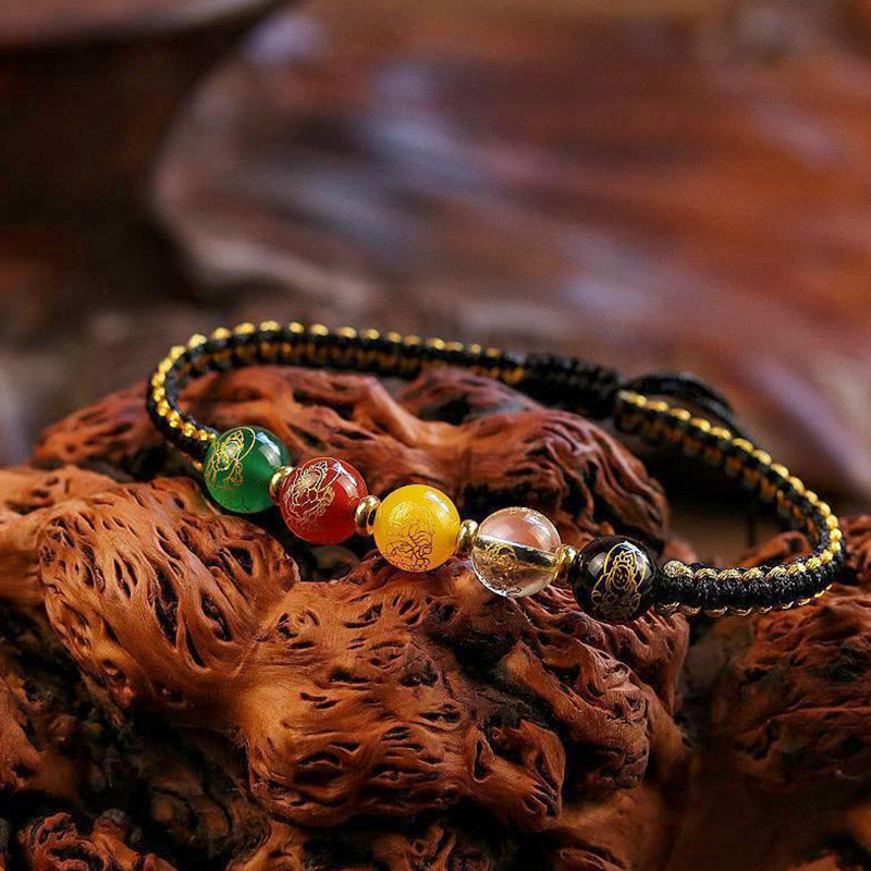 Buddha Stones Five Directions Gods of Wealth Agate Handmade Protection String Braid Bracelet - Black Gold Rope(Wrist Circumference 14-16cm) - image 0