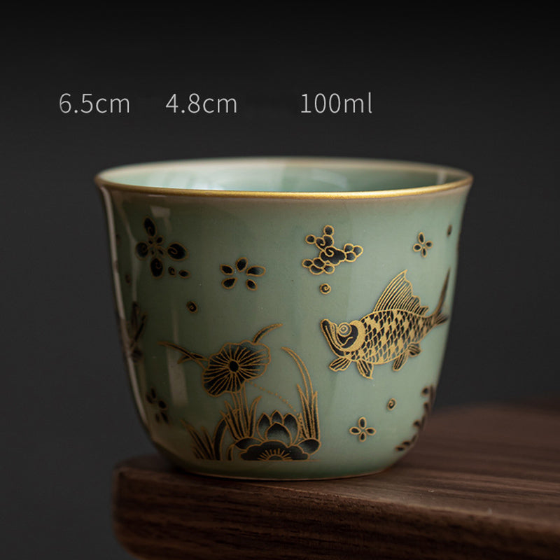 Buddha Stones Butterfly Flower Lotus Koi Fish Plum Blossom Ceramic Teacup Kung Fu Tea Cup 100ml - Green Koi Fish 6.5cm*4.8cm*100ml - image 11