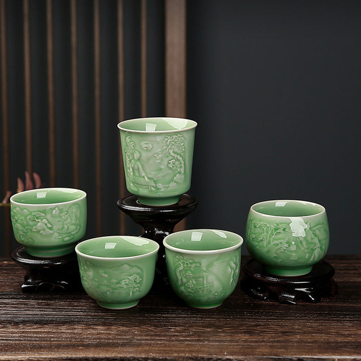 Buddha Stones Trees Pavilion Mountains Rivers Pine Ceramic Teacup Kung Fu Tea Cup - image 0
