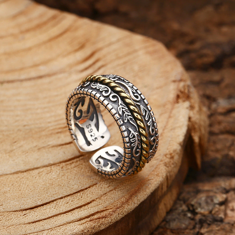 Buddha Stones 925 Sterling Silver Tang Dynasty Flower Design Luck Adjustable Ring - image 1
