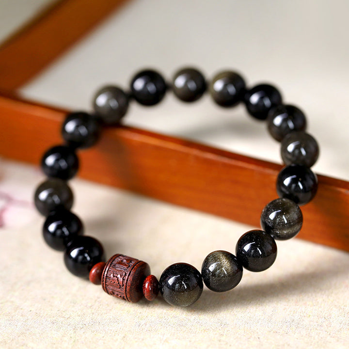 Buddha Stones Natural Gold Sheen Obsidian Rainbow Obsidian Om Mani Padme Hum Fu Character Healing Bracelet - 10mm Gold Sheen Obsidian&Om Mani Padme Hum(Wrist Circumference 14-16cm) - image 0