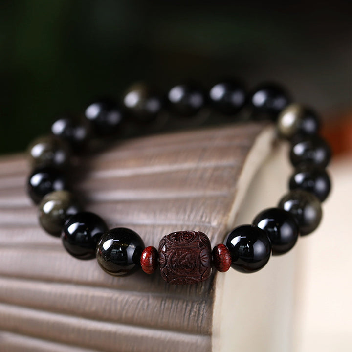 Buddha Stones Natural Gold Sheen Obsidian Rainbow Obsidian Om Mani Padme Hum Fu Character Healing Bracelet - 10mm Gold Sheen Obsidian&Fu Character(Wrist Circumference 14-16cm) - image 13