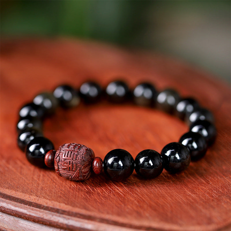 Buddha Stones Natural Gold Sheen Obsidian Rainbow Obsidian Om Mani Padme Hum Fu Character Healing Bracelet - 10mm Gold Sheen Obsidian&May you have a surplus every year(Wrist Circumference 14-16cm) - image 20
