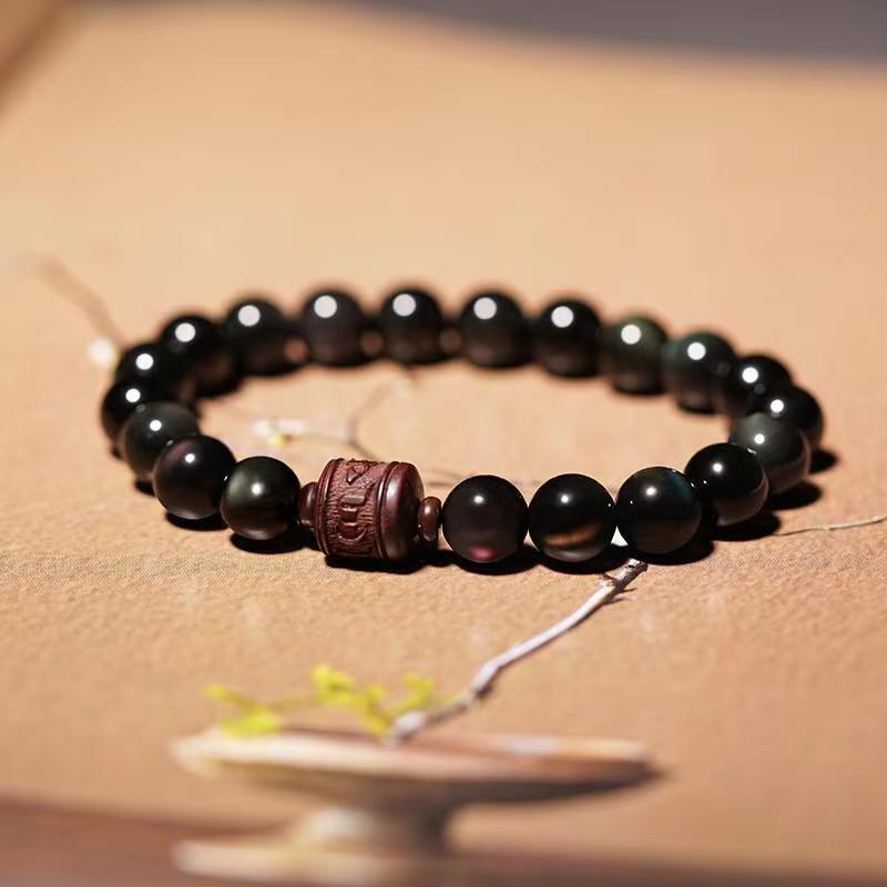 Buddha Stones Natural Gold Sheen Obsidian Rainbow Obsidian Om Mani Padme Hum Fu Character Healing Bracelet - 8mm Rainbow Obsidian Om Mani Padme Hum(Wrist Circumference 14-16cm) - image 24