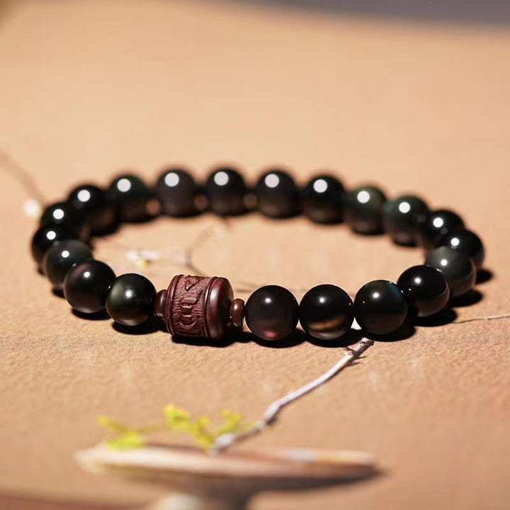 Buddha Stones Natural Gold Sheen Obsidian Rainbow Obsidian Om Mani Padme Hum Fu Character Healing Bracelet - 10mm Rainbow Obsidian Om Mani Padme Hum(Wrist Circumference 14-16cm) - image 26