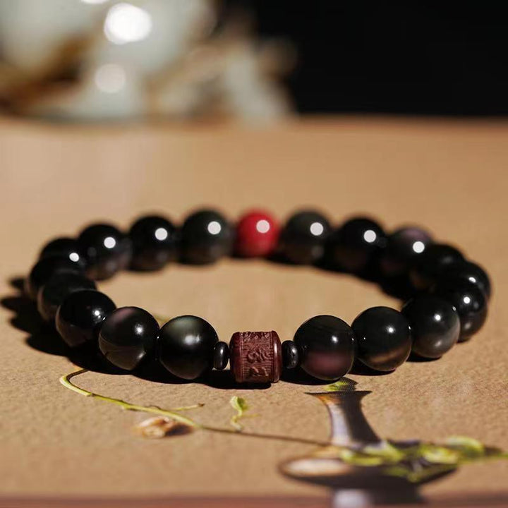 Buddha Stones Natural Gold Sheen Obsidian Rainbow Obsidian Om Mani Padme Hum Fu Character Healing Bracelet - 8mm Rainbow Obsidian Cinnabar Om Mani Padme Hum(Wrist Circumference 14-16cm) - image 43