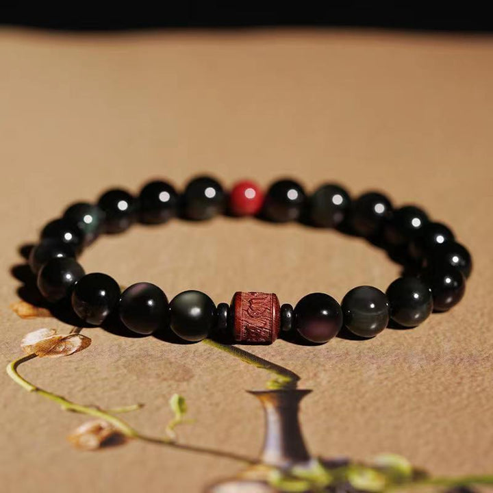 Buddha Stones Natural Gold Sheen Obsidian Rainbow Obsidian Om Mani Padme Hum Fu Character Healing Bracelet - 10mm Rainbow Obsidian Cinnabar Om Mani Padme Hum(Wrist Circumference 14-16cm) - image 44