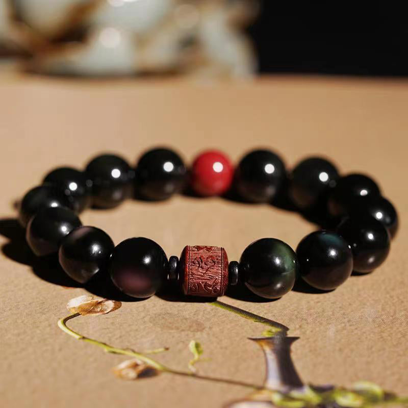 Buddha Stones Natural Gold Sheen Obsidian Rainbow Obsidian Om Mani Padme Hum Fu Character Healing Bracelet - 12mm Rainbow Obsidian Cinnabar Om Mani Padme Hum(Wrist Circumference 14-16cm) - image 45