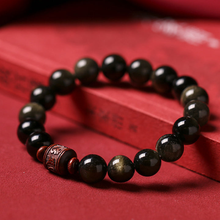 Buddha Stones Natural Gold Sheen Obsidian Rainbow Obsidian Om Mani Padme Hum Fu Character Healing Bracelet - image 1