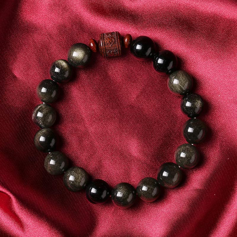 Buddha Stones Natural Gold Sheen Obsidian Rainbow Obsidian Om Mani Padme Hum Fu Character Healing Bracelet - image 6