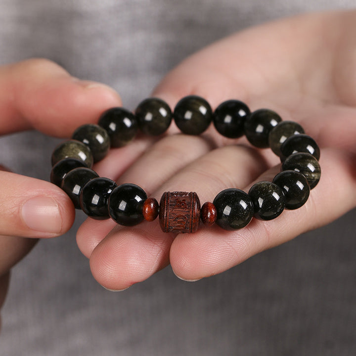 Buddha Stones Natural Gold Sheen Obsidian Rainbow Obsidian Om Mani Padme Hum Fu Character Healing Bracelet - image 5