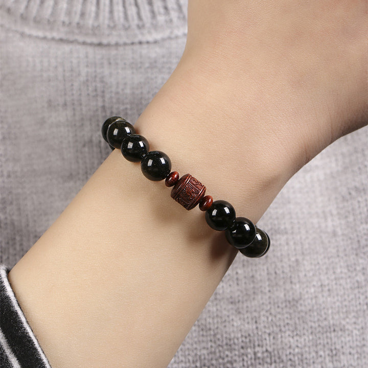 Buddha Stones Natural Gold Sheen Obsidian Rainbow Obsidian Om Mani Padme Hum Fu Character Healing Bracelet - image 9