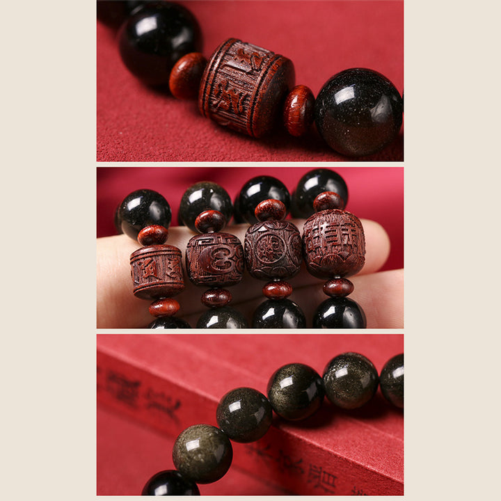 Buddha Stones Natural Gold Sheen Obsidian Rainbow Obsidian Om Mani Padme Hum Fu Character Healing Bracelet - image 23