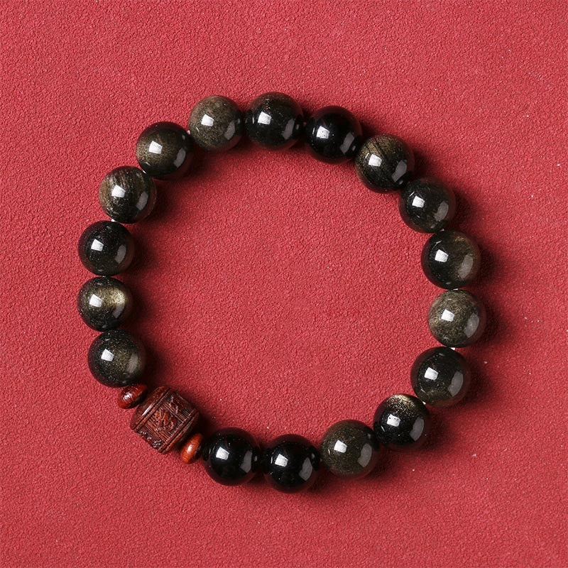 Buddha Stones Natural Gold Sheen Obsidian Rainbow Obsidian Om Mani Padme Hum Fu Character Healing Bracelet - image 2
