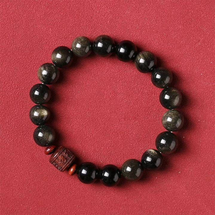 Buddha Stones Natural Gold Sheen Obsidian Rainbow Obsidian Om Mani Padme Hum Fu Character Healing Bracelet - image 2