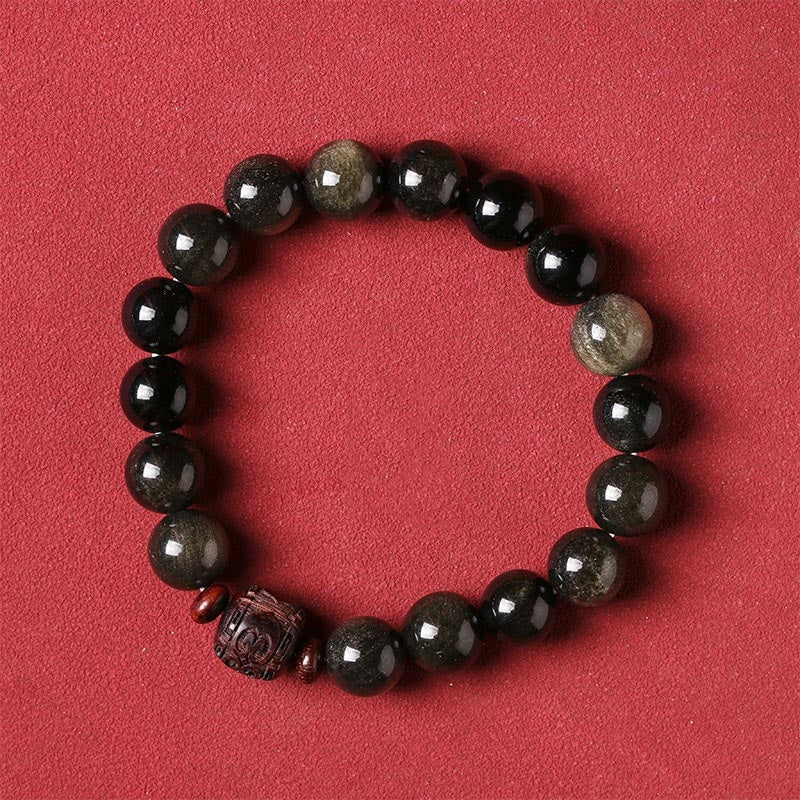 Buddha Stones Natural Gold Sheen Obsidian Rainbow Obsidian Om Mani Padme Hum Fu Character Healing Bracelet - image 19