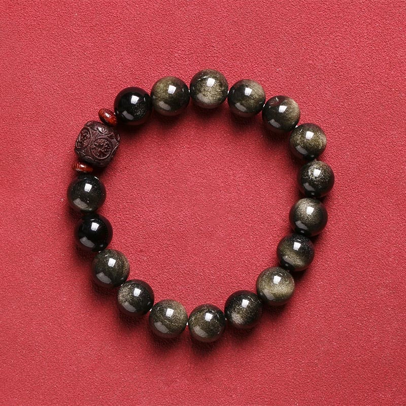 Buddha Stones Natural Gold Sheen Obsidian Rainbow Obsidian Om Mani Padme Hum Fu Character Healing Bracelet - image 14