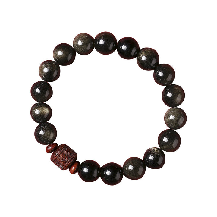 Buddha Stones Natural Gold Sheen Obsidian Rainbow Obsidian Om Mani Padme Hum Fu Character Healing Bracelet - image 12