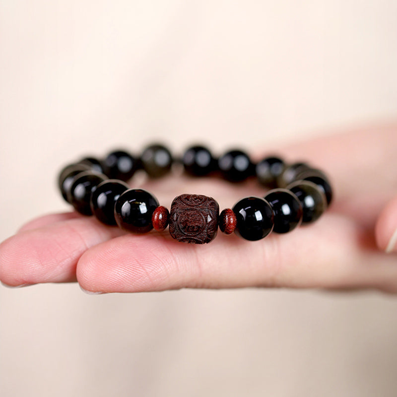 Buddha Stones Natural Gold Sheen Obsidian Rainbow Obsidian Om Mani Padme Hum Fu Character Healing Bracelet - image 15