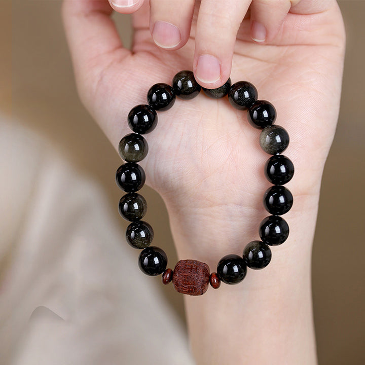 Buddha Stones Natural Gold Sheen Obsidian Rainbow Obsidian Om Mani Padme Hum Fu Character Healing Bracelet - image 22