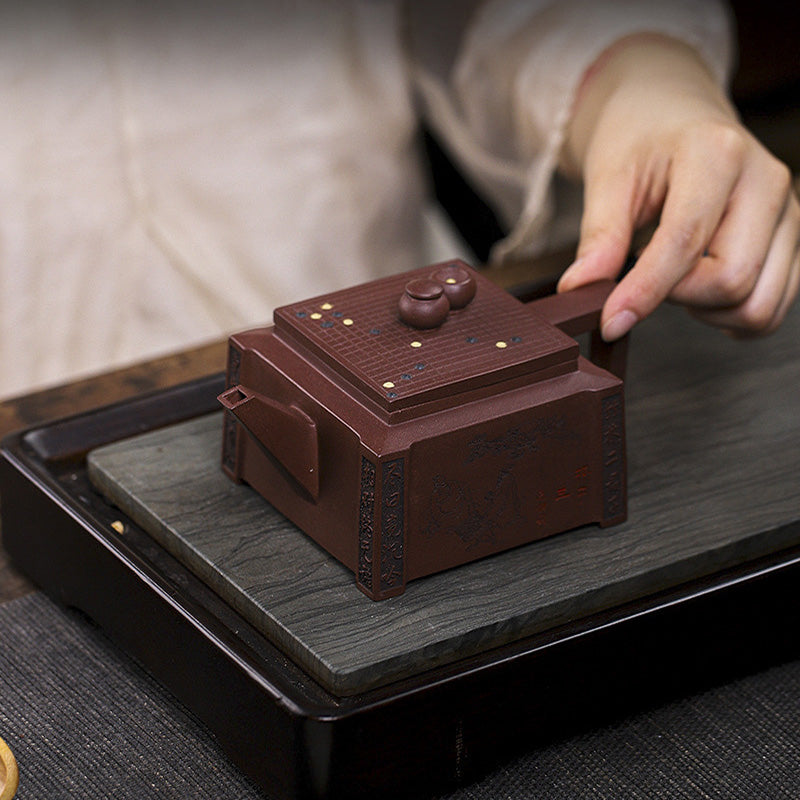 Buddha Stones Yixing All Handmade Gomoku Playing Chess Purple Clay Kung Fu Square Teapot 280ml - image 6
