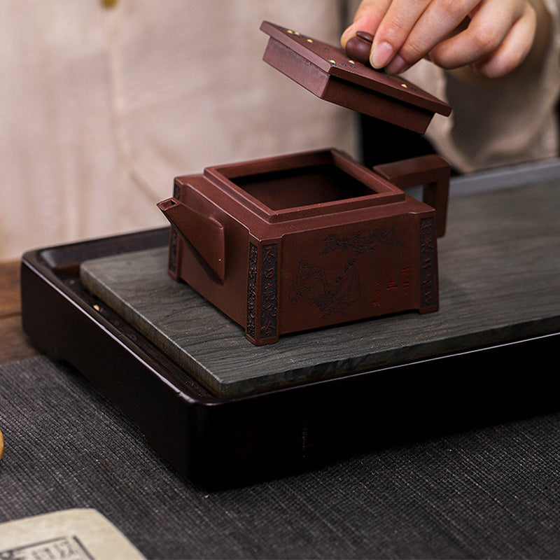 Buddha Stones Yixing All Handmade Gomoku Playing Chess Purple Clay Kung Fu Square Teapot 280ml - image 7