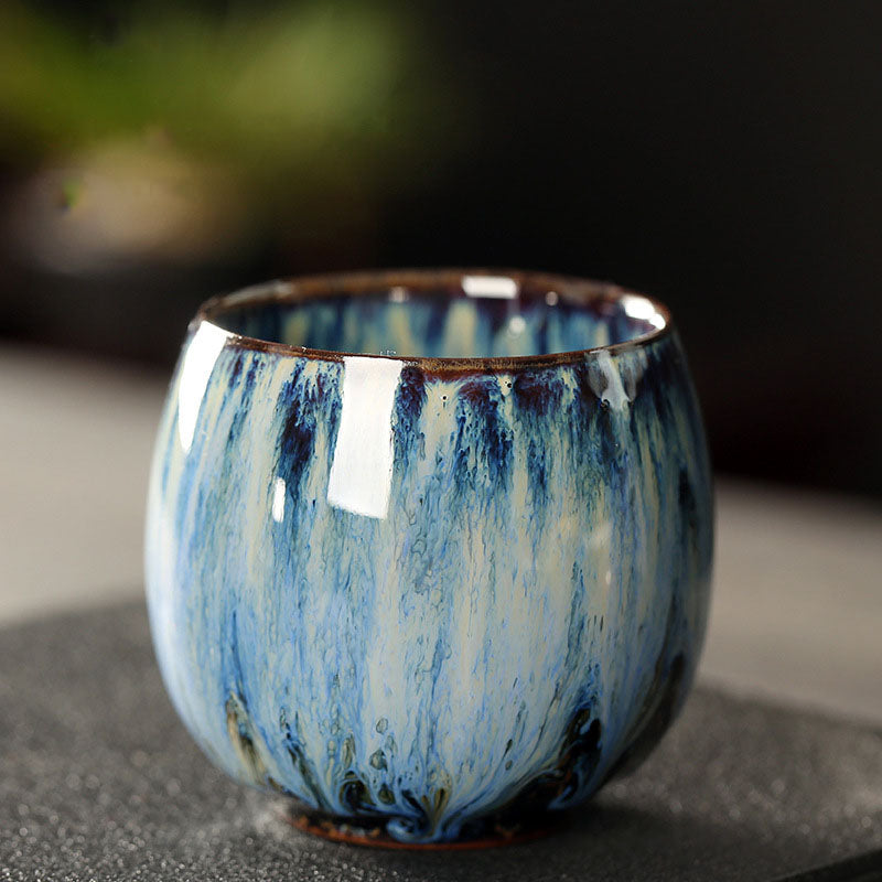 Buddha Stones Simple Multicolored Kiln Change Chinese Jianzhan Ceramic Teacup Kung Fu Tea Cup 110ml - Brown Blue 6.5cm*6cm*110ml - image 5