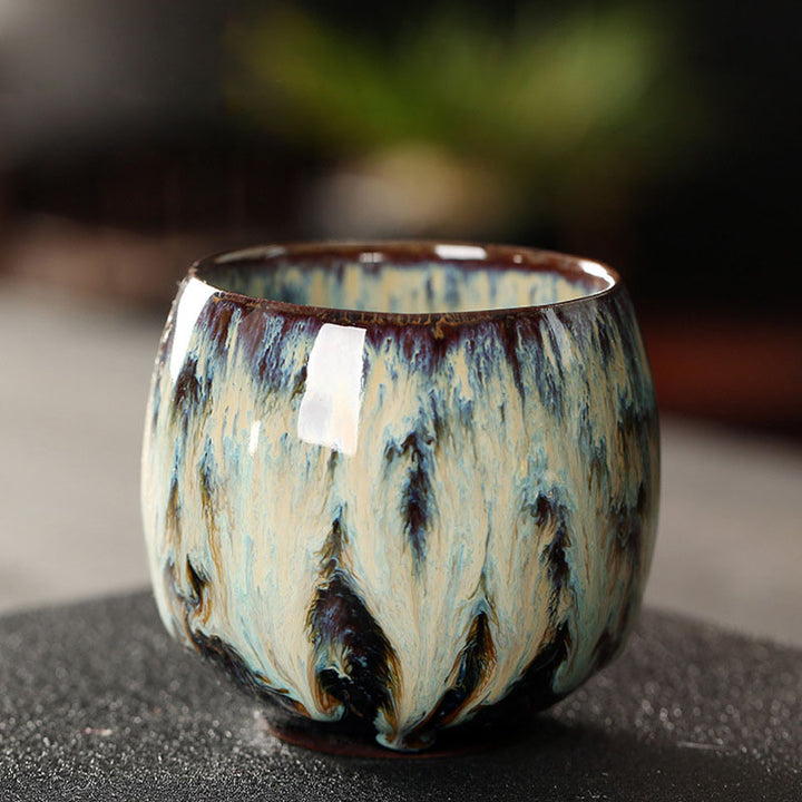 Buddha Stones Simple Multicolored Kiln Change Chinese Jianzhan Ceramic Teacup Kung Fu Tea Cup 110ml - Brown Yellow 6.5cm*6cm*110ml - image 6